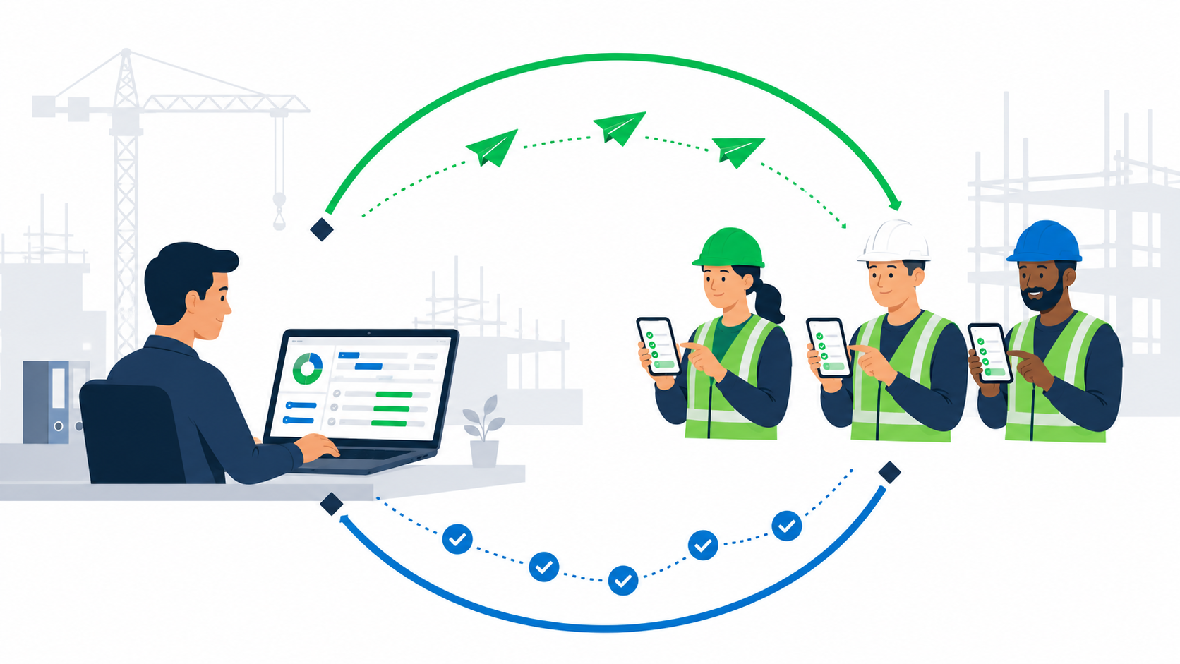 A planner at a laptop sends invitations out along a green arc to three site workers, who answer on their phones; their ticks travel back along a blue arc to the planner's dashboard.